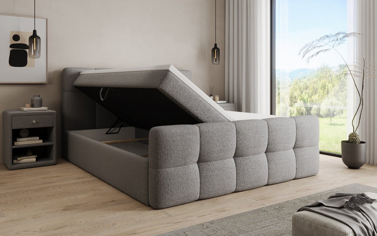 Box spring bed Cozy in teddy boucle with storage space