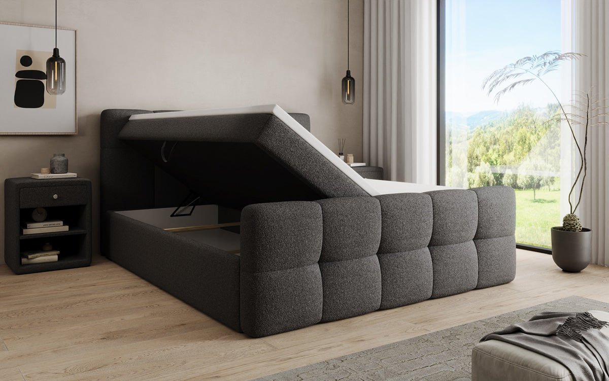 Box spring bed Cozy in teddy boucle with storage space