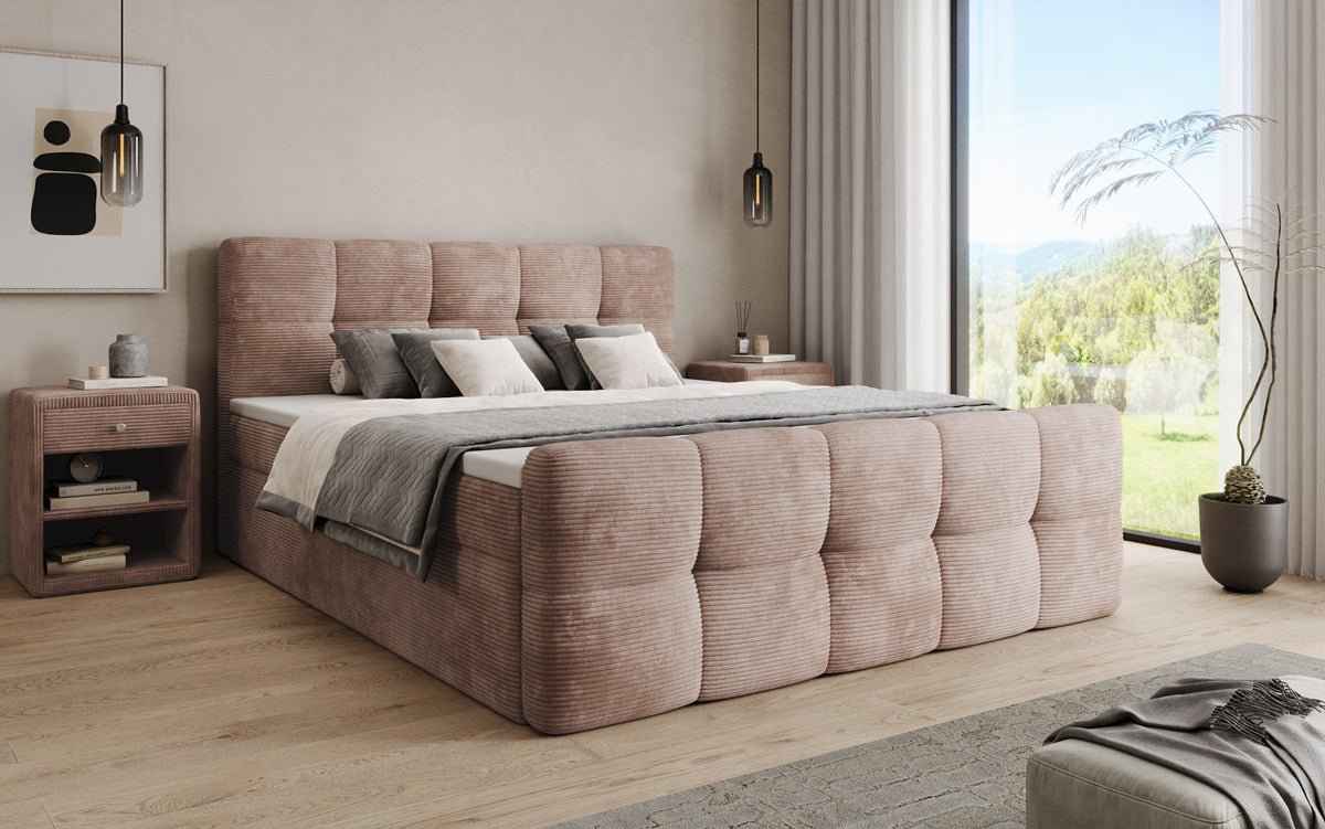 Cozy box spring bed in Corduroy with storage