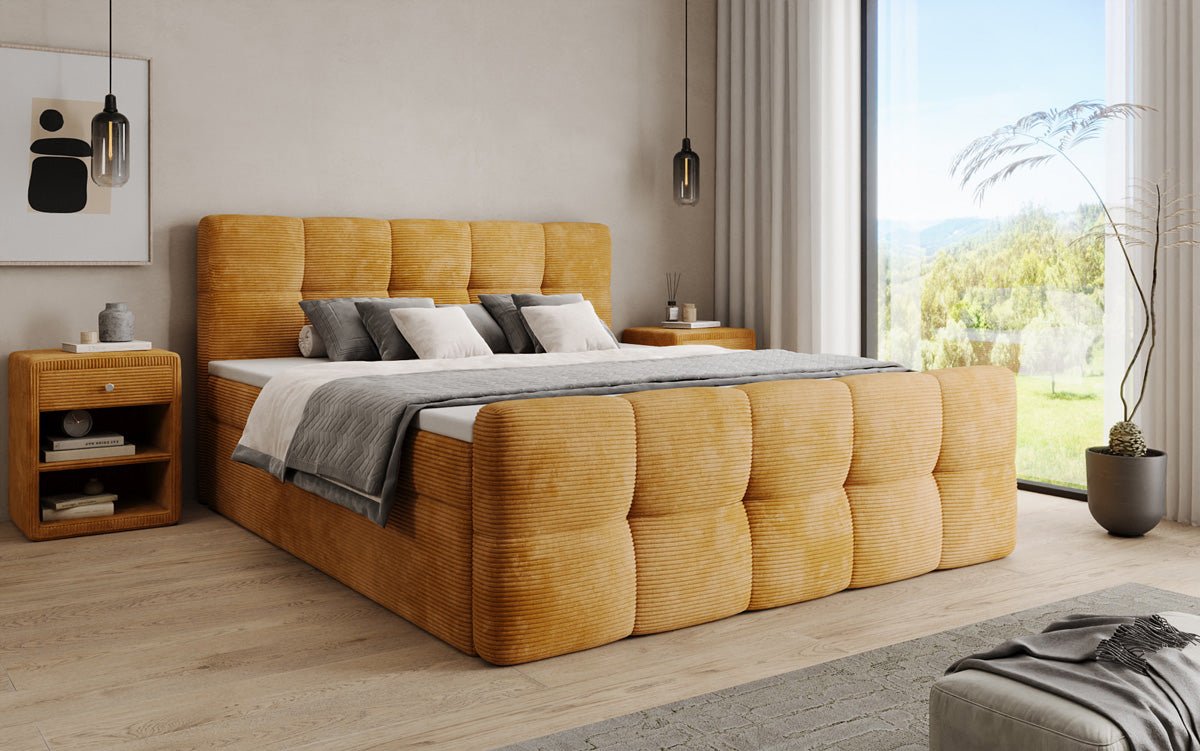 Cozy box spring bed in Corduroy with storage