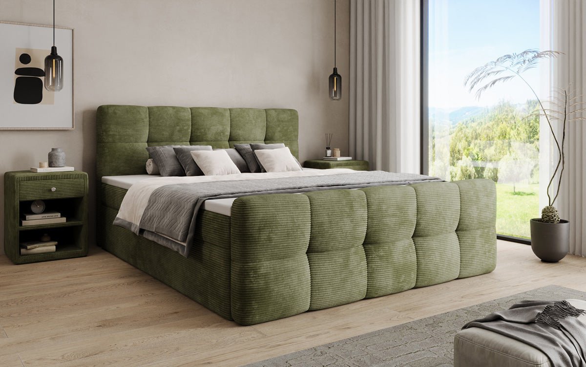 Cozy box spring bed in Corduroy with storage