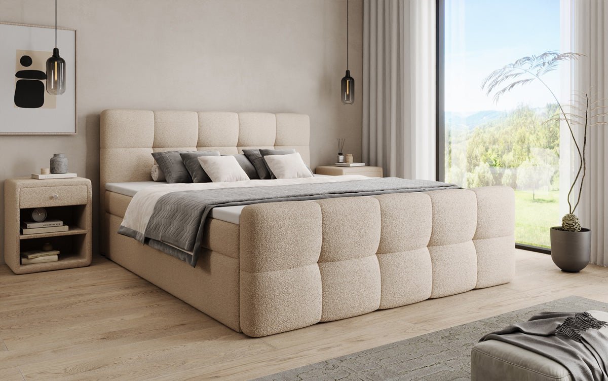 Box spring bed Cozy in teddy boucle with storage space