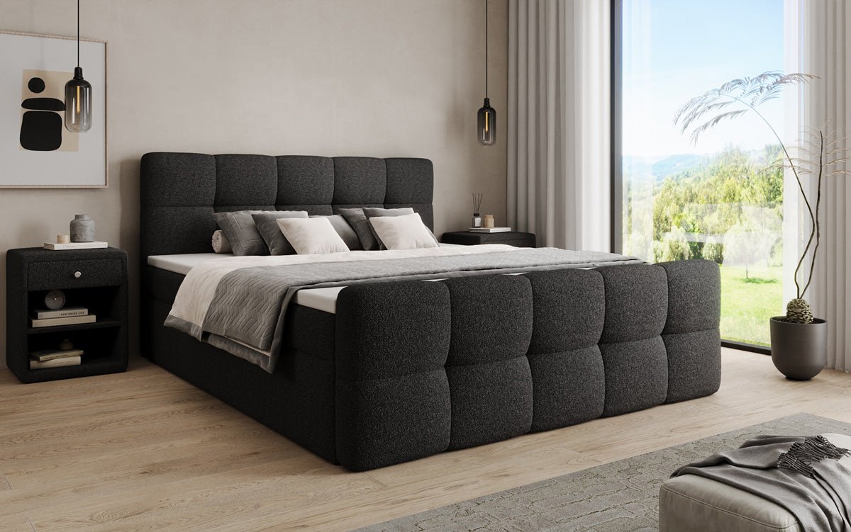 Box spring bed Cozy in teddy boucle with storage space