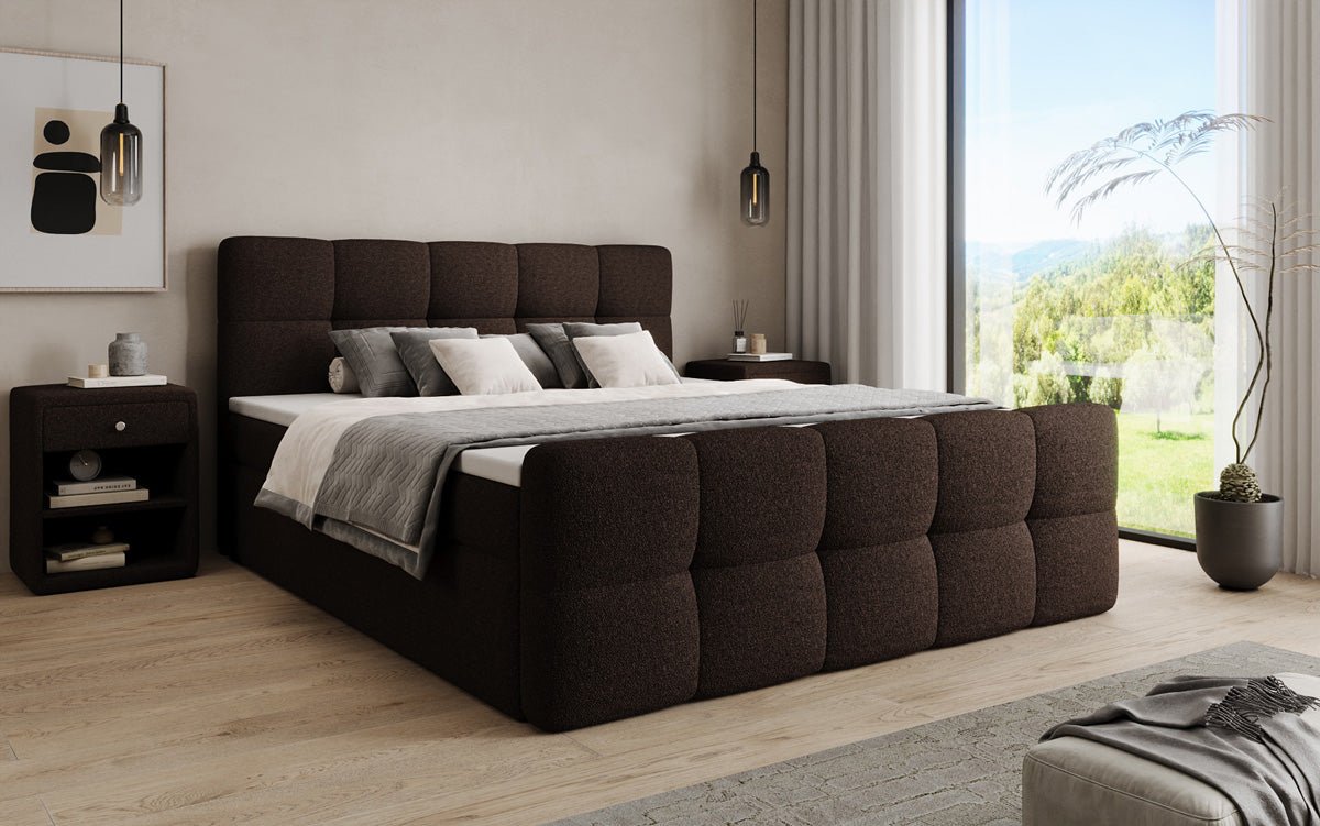 Box spring bed Cozy in teddy boucle with storage space