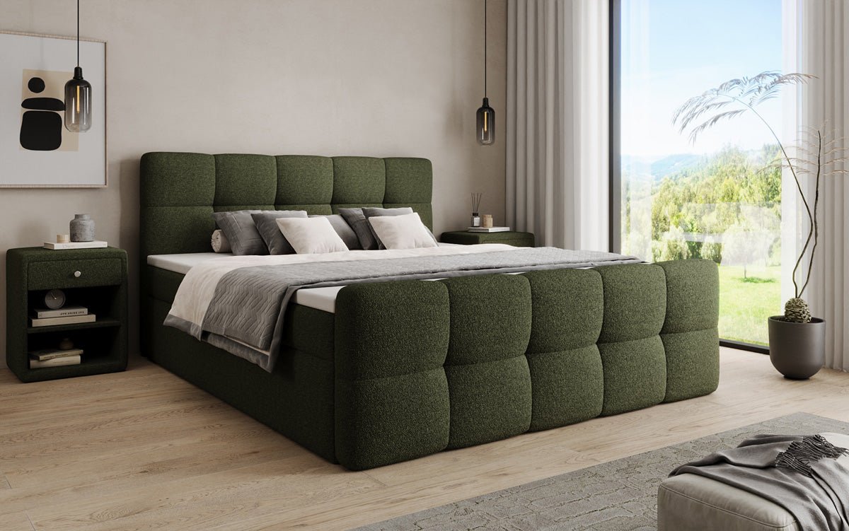 Box spring bed Cozy in teddy boucle with storage space