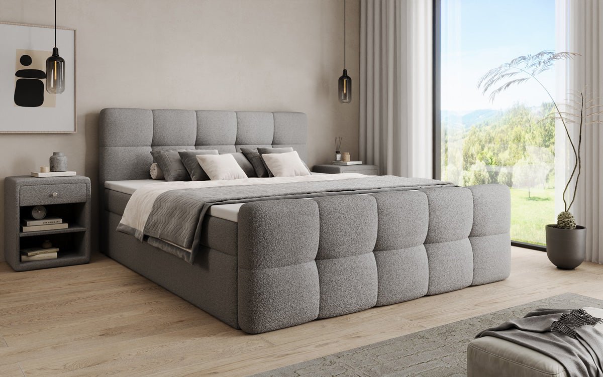 Box spring bed Cozy in teddy boucle with storage space