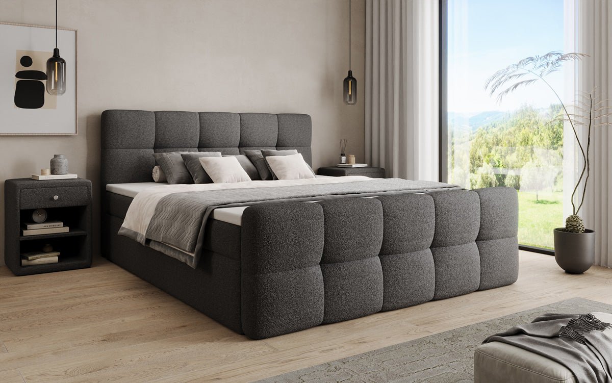 Box spring bed Cozy in teddy boucle with storage space