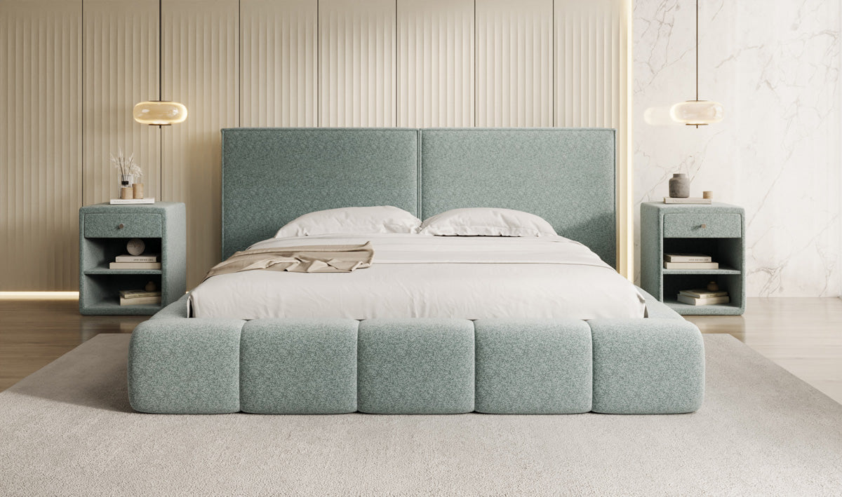 Designer Polsterbett Elise in Strukturstoff mit Stauraum