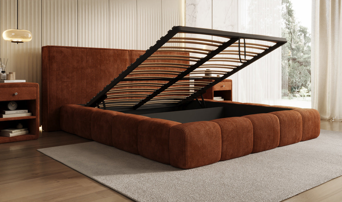 Designer Polsterbett Elise in Cord mit Stauraum
