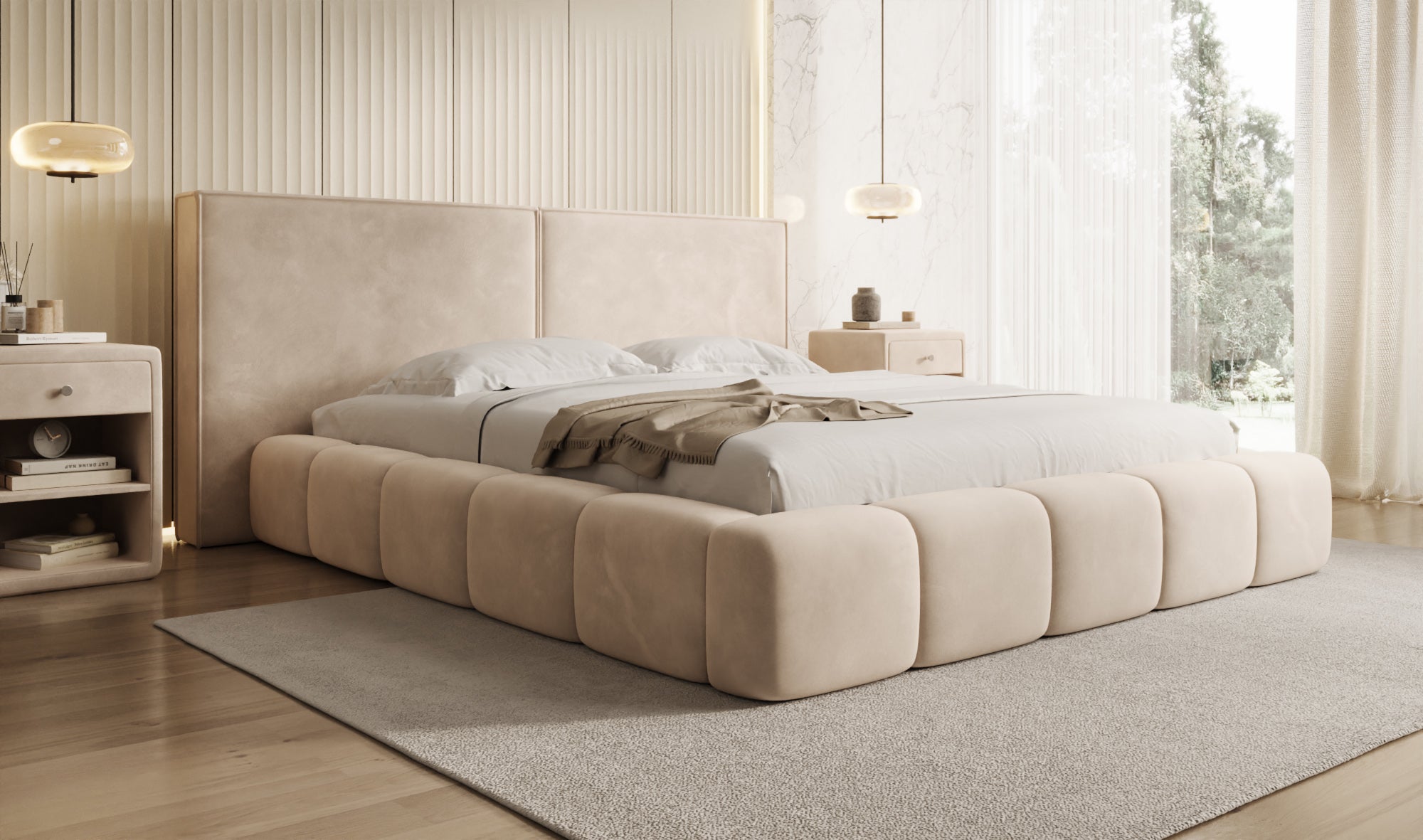 Designer upholstered bed Elise in velvet with storage
