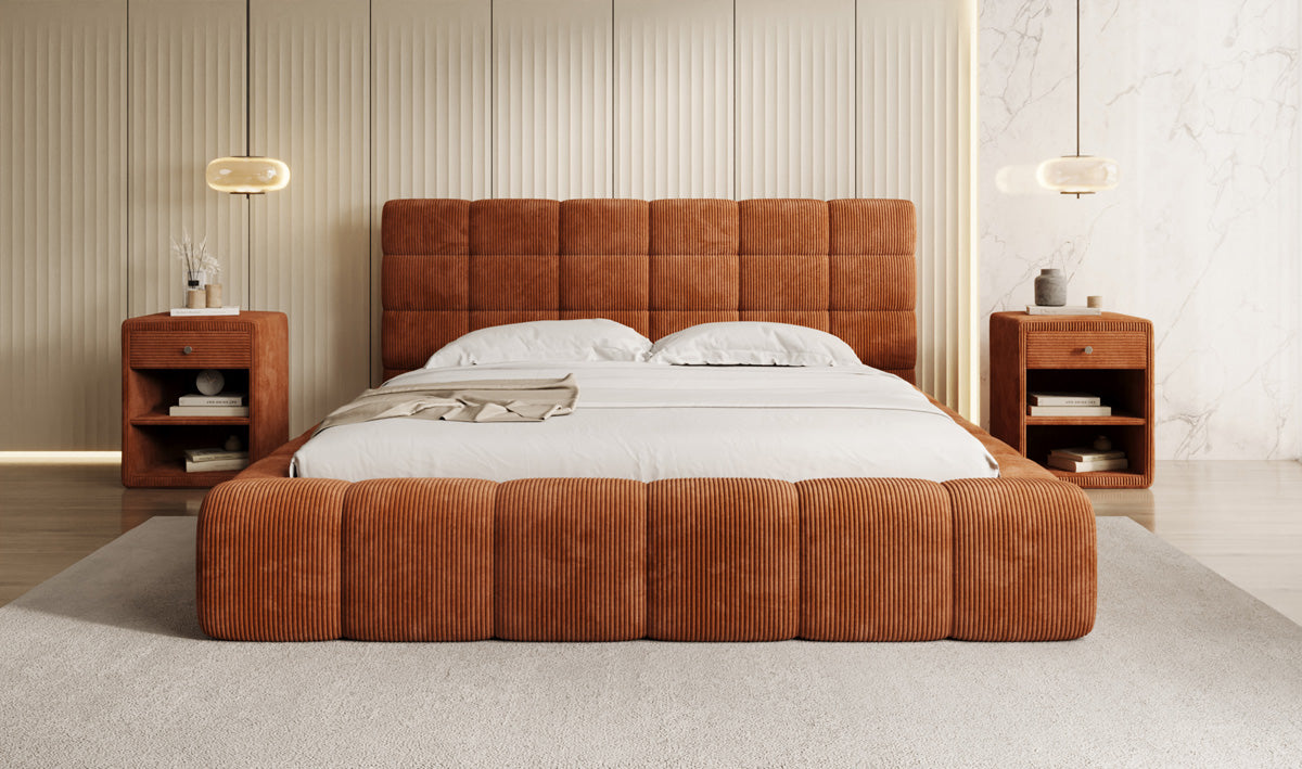 Designer upholstered bed Marshmallow in Corduroy with storage