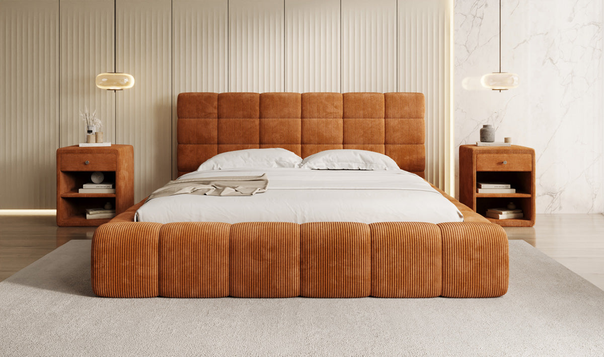 Designer upholstered bed Marshmallow in Corduroy with storage