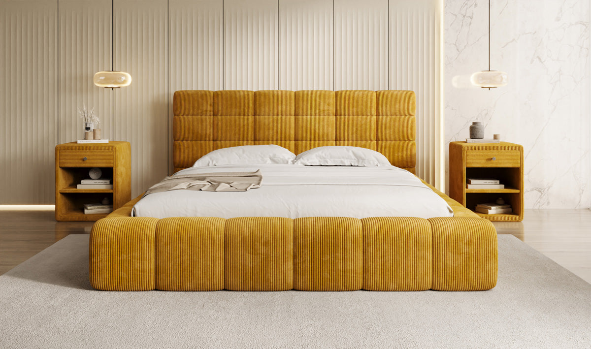 Designer upholstered bed Marshmallow in Corduroy with storage