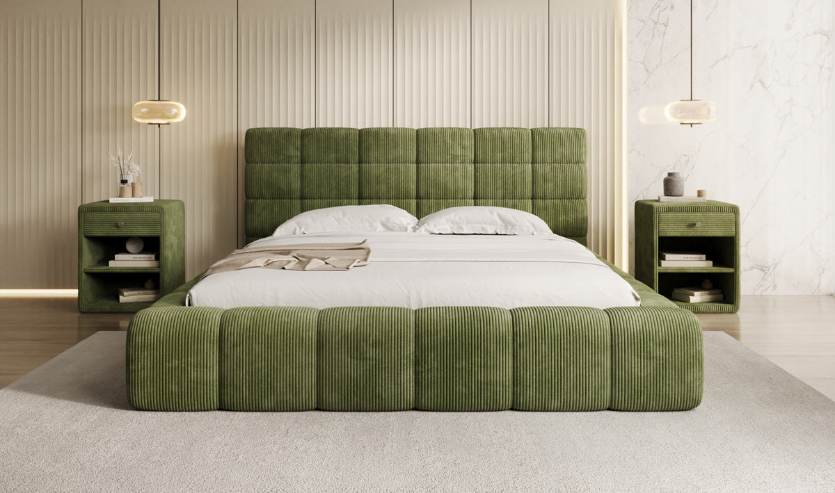 Designer upholstered bed Marshmallow in Corduroy with storage