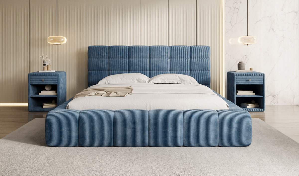 Designer upholstered bed Marshmallow in Corduroy with storage