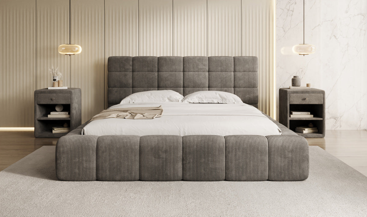 Designer upholstered bed Marshmallow in Corduroy with storage
