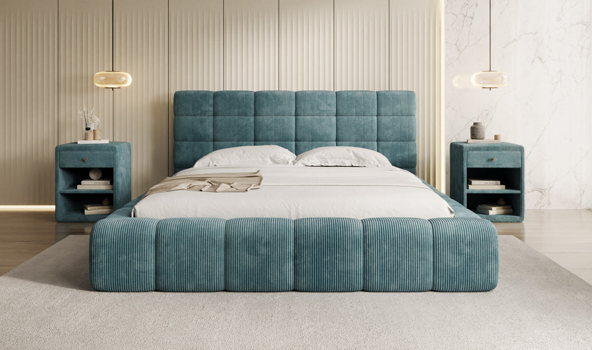 Designer upholstered bed Marshmallow in Corduroy with storage