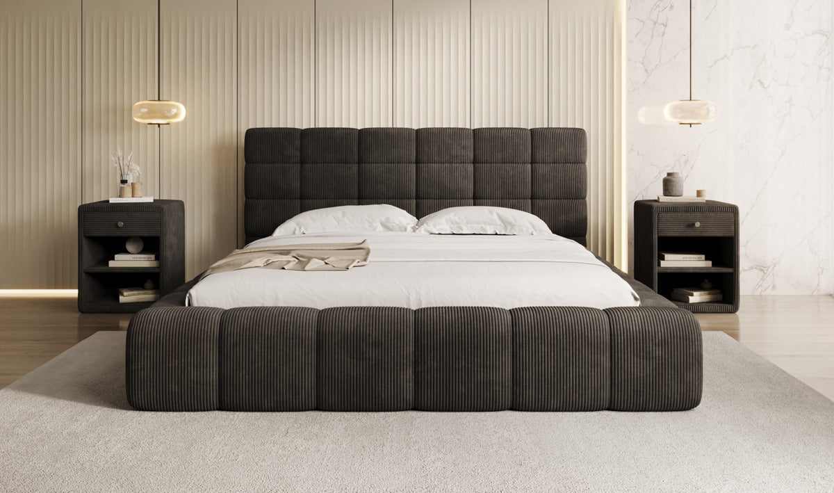 Designer upholstered bed Marshmallow in Corduroy with storage