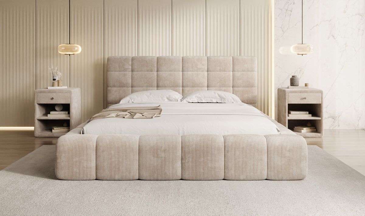 Designer upholstered bed Marshmallow in Corduroy with storage