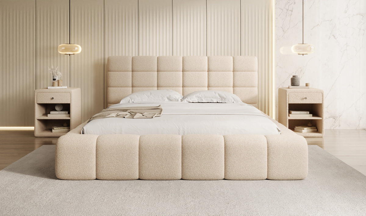 Designer Polsterbett Marshmallow in Teddy Bouclé mit Stauraum