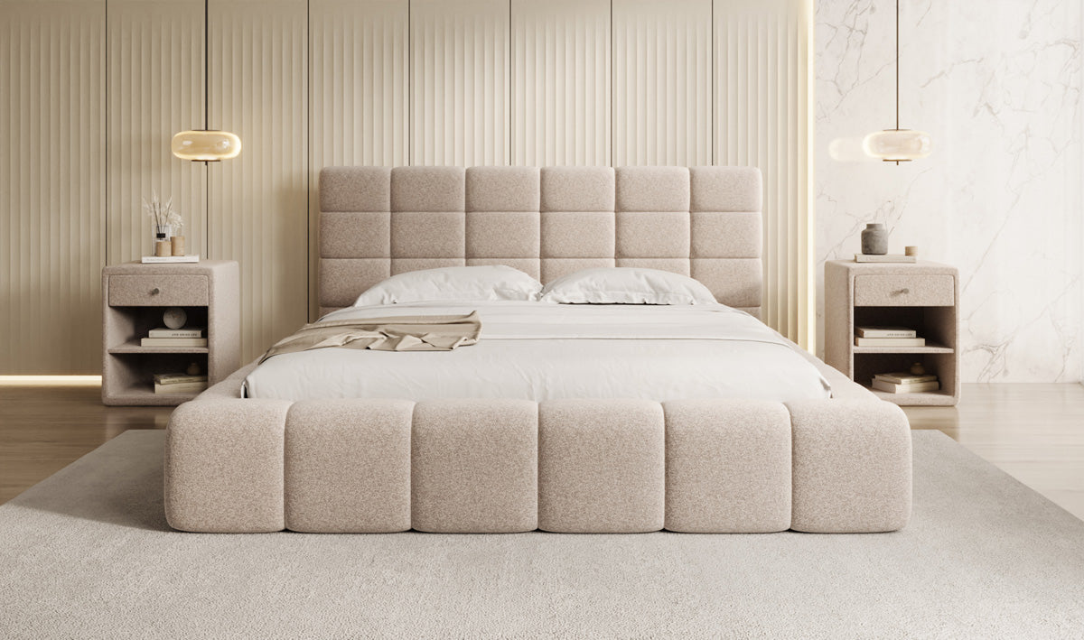 Designer upholstered bed Marshmallow in textured fabric with storage space