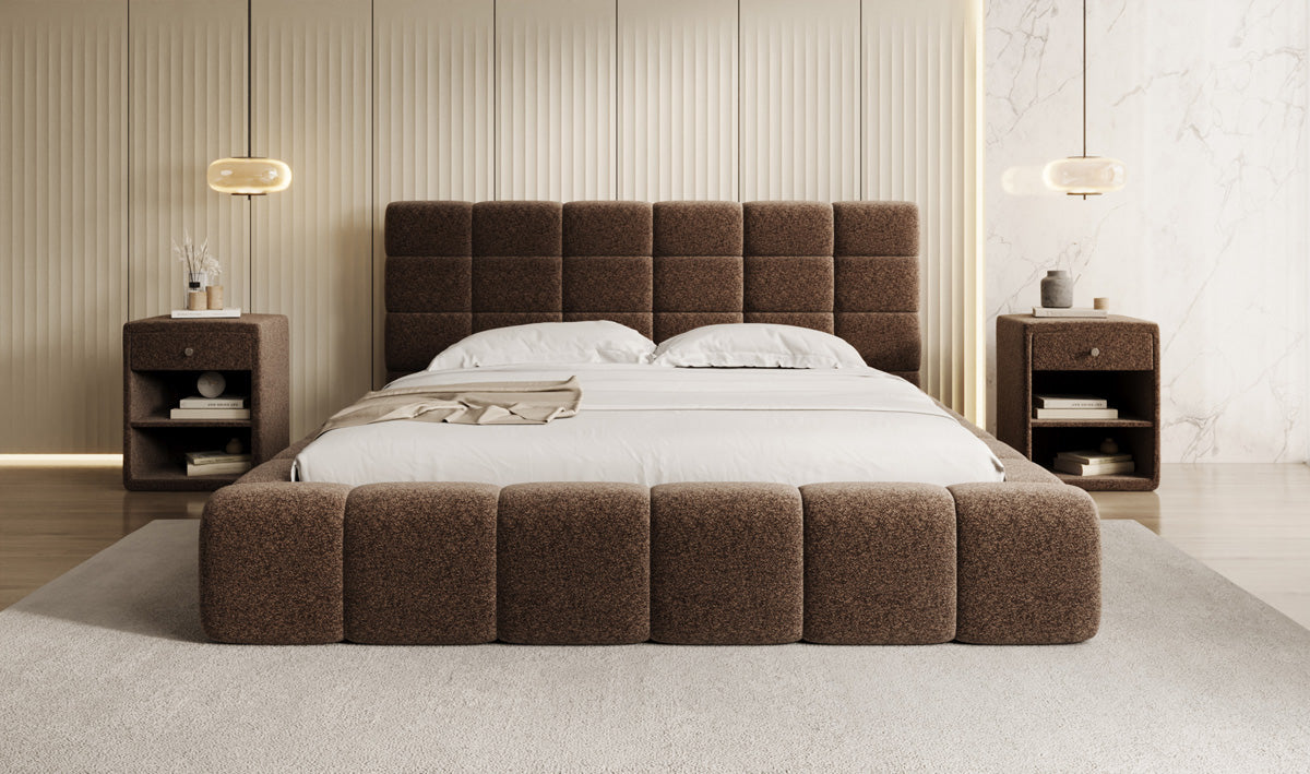Designer upholstered bed Marshmallow in textured fabric with storage space