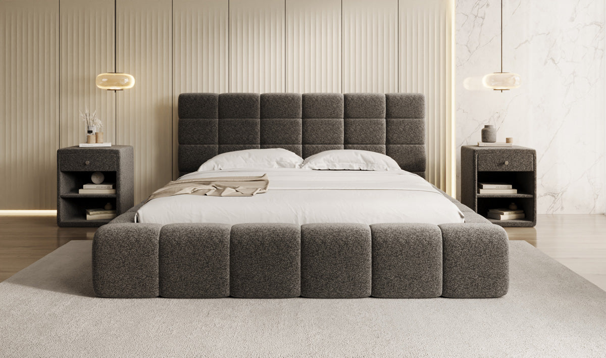 Designer upholstered bed Marshmallow in textured fabric with storage space