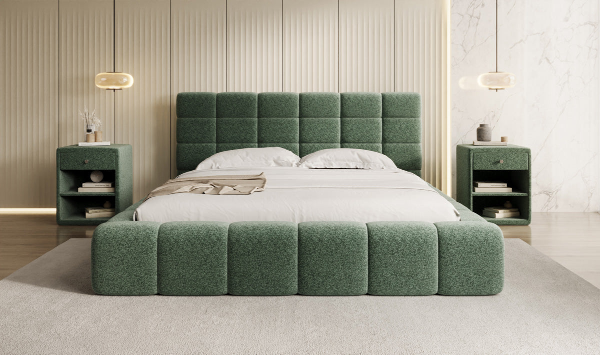 Designer upholstered bed Marshmallow in textured fabric with storage space