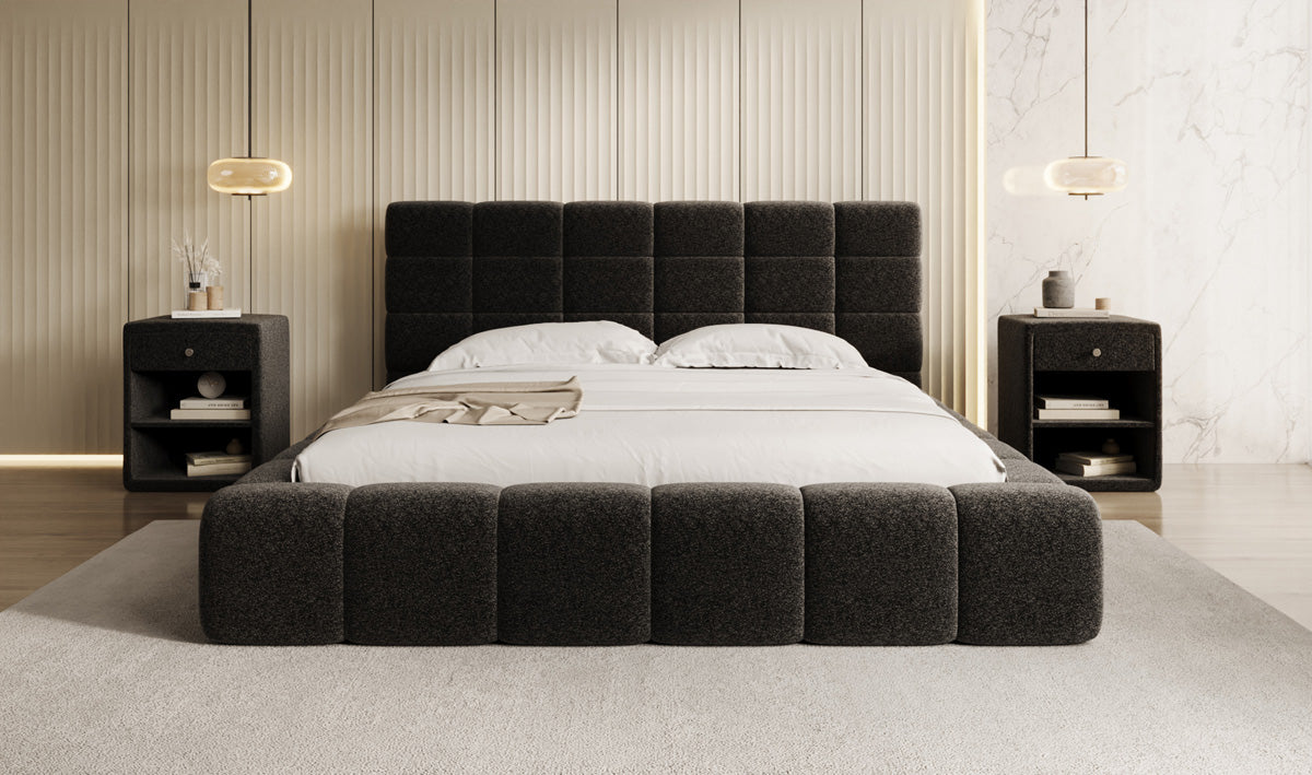 Designer upholstered bed Marshmallow in textured fabric with storage space