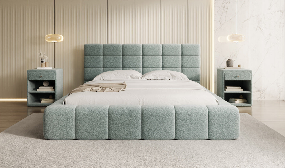 Designer upholstered bed Marshmallow in textured fabric with storage space