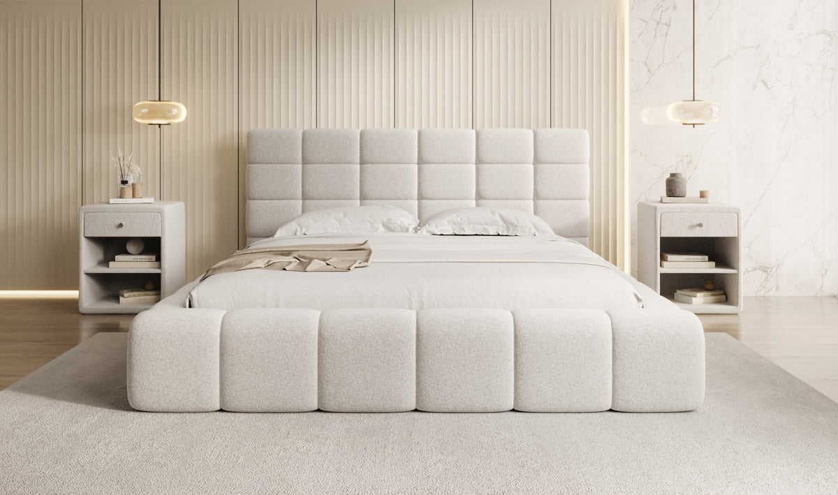Designer upholstered bed Marshmallow in textured fabric with storage space