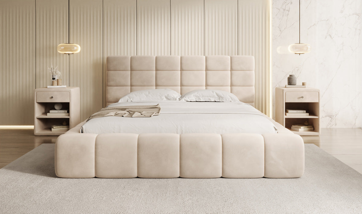 Designer Upholstered Bed Marshmallow in Velvet with Storage Space