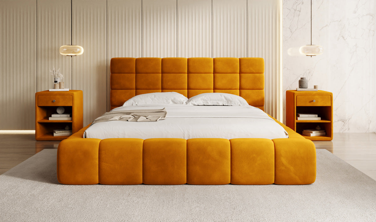 Designer Upholstered Bed Marshmallow in Velvet with Storage Space