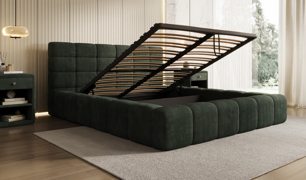 Designer upholstered bed Marshmallow in Corduroy with storage