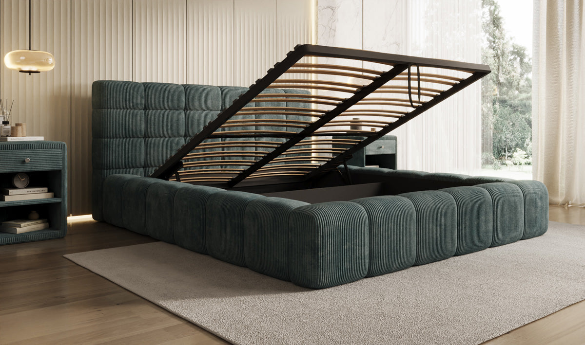 Designer upholstered bed Marshmallow in Corduroy with storage