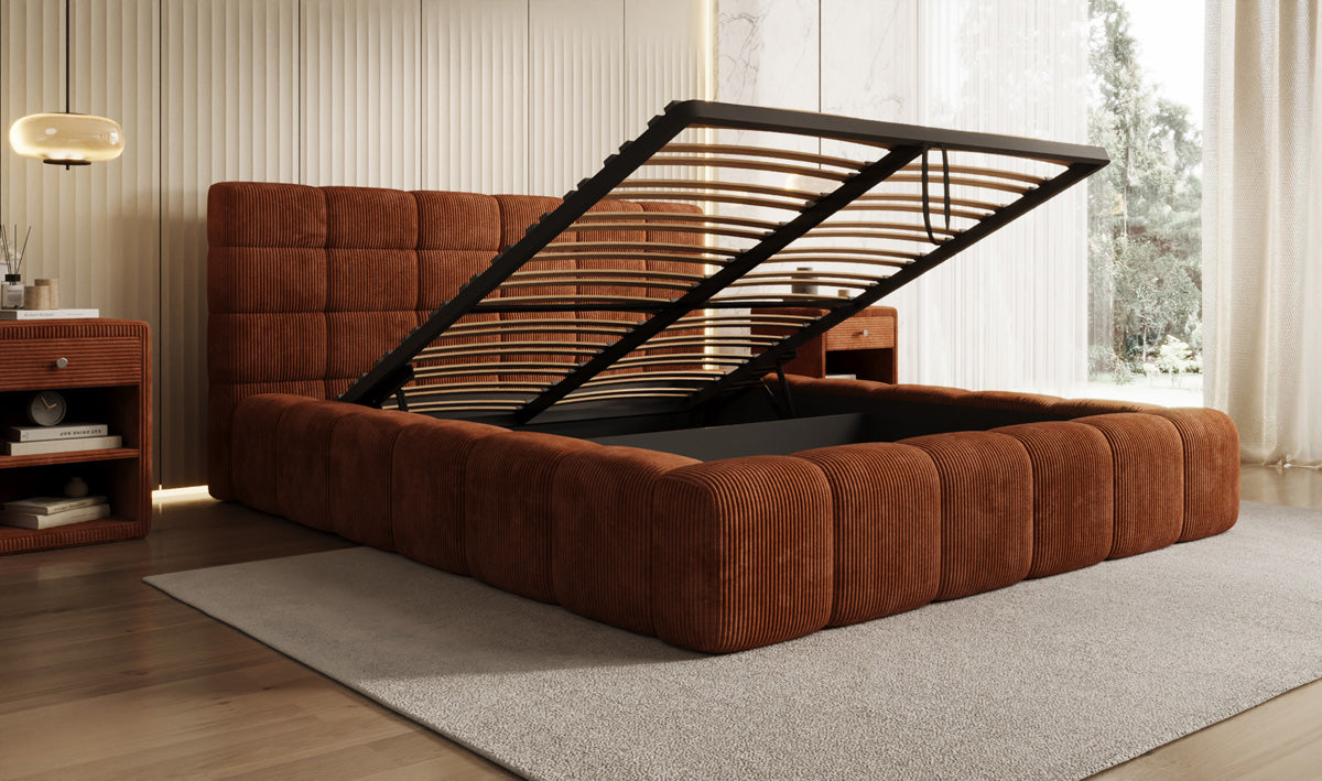Designer upholstered bed Marshmallow in Corduroy with storage