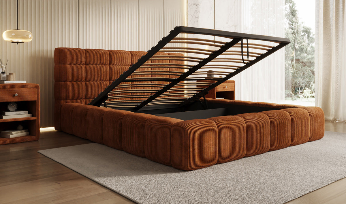 Designer upholstered bed Marshmallow in Corduroy with storage