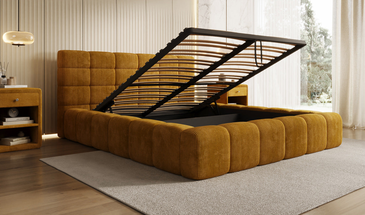 Designer upholstered bed Marshmallow in Corduroy with storage