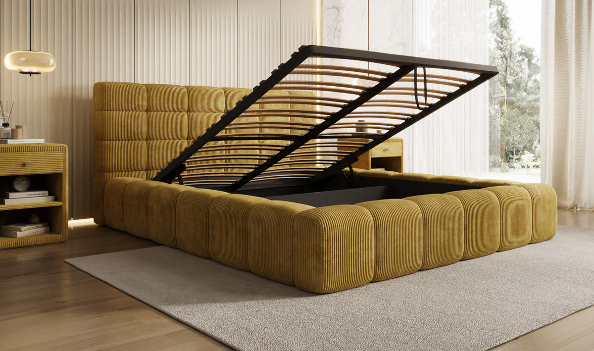 Designer upholstered bed Marshmallow in Corduroy with storage