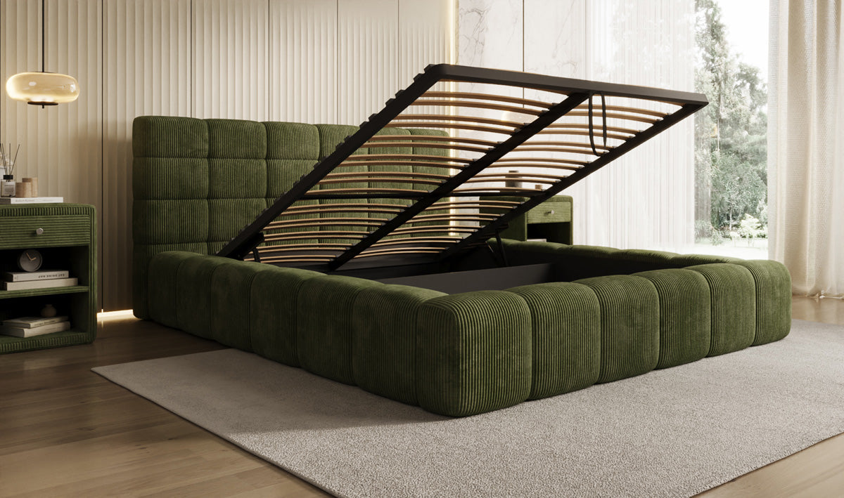 Designer upholstered bed Marshmallow in Corduroy with storage