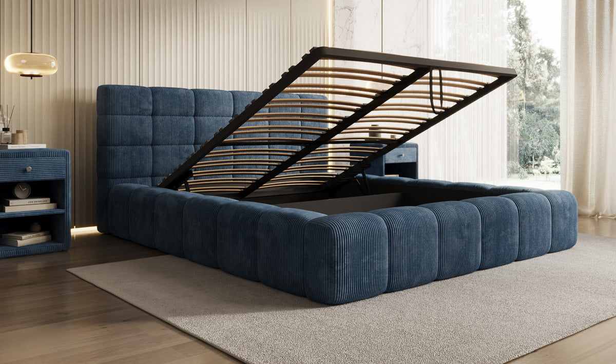 Designer upholstered bed Marshmallow in Corduroy with storage