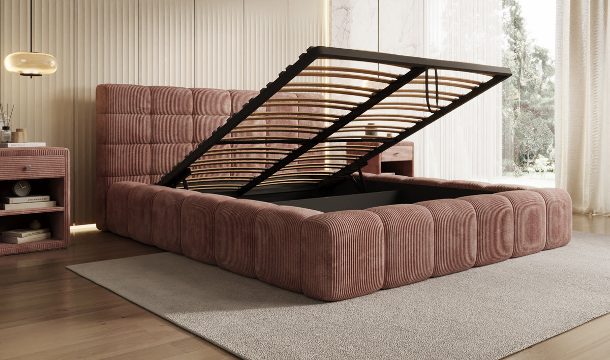 Designer upholstered bed Marshmallow in Corduroy with storage