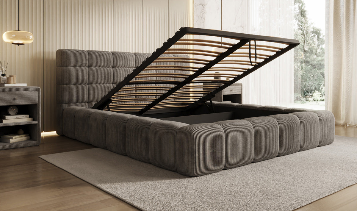 Designer upholstered bed Marshmallow in Corduroy with storage