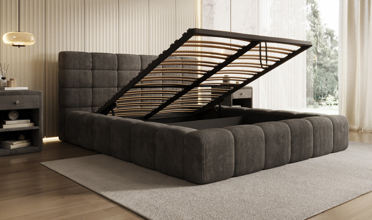 Designer upholstered bed Marshmallow in Corduroy with storage