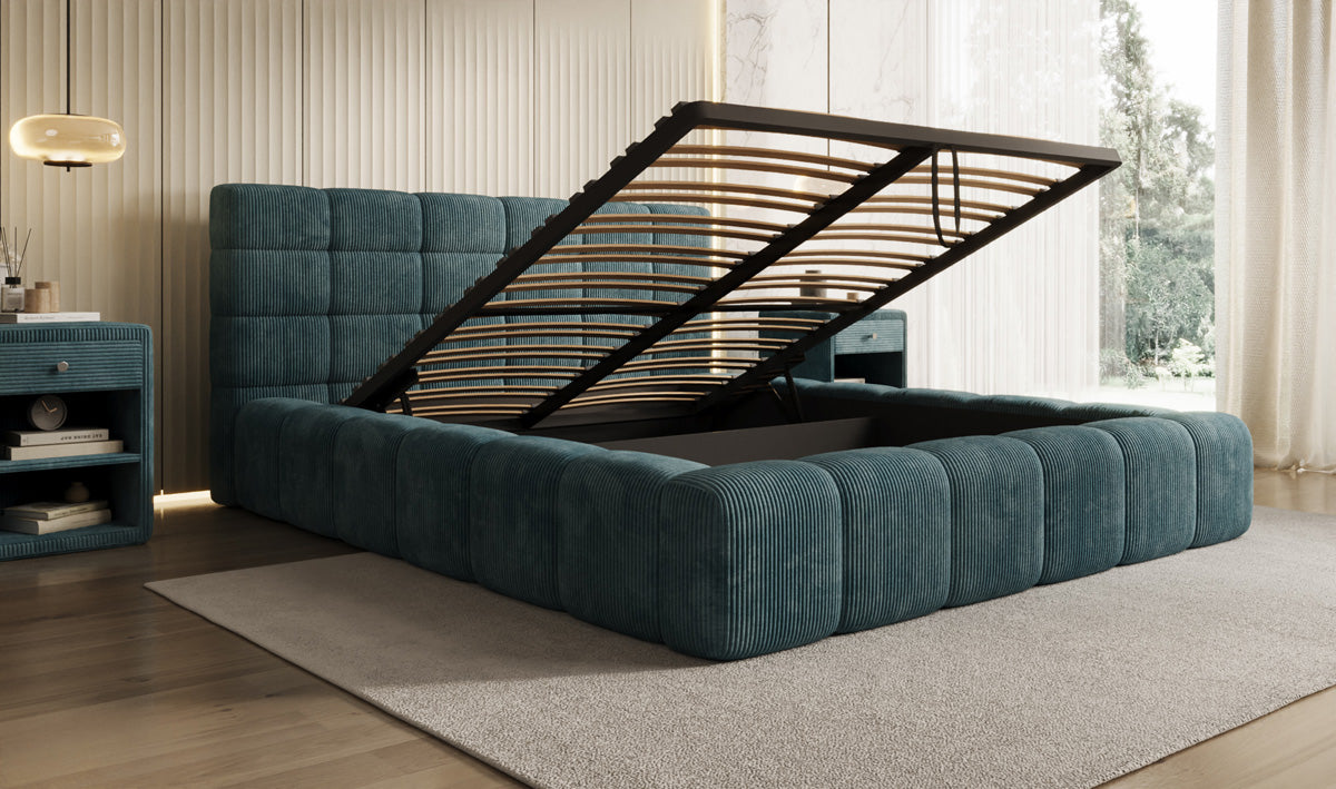Designer upholstered bed Marshmallow in Corduroy with storage