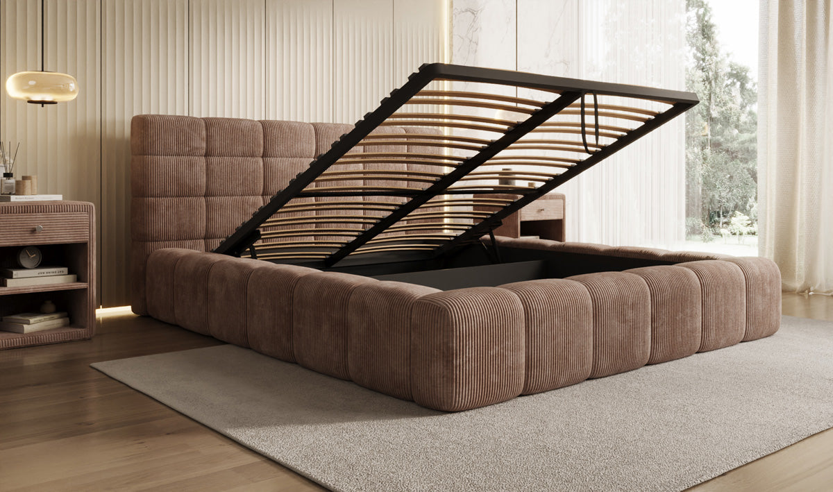 Designer upholstered bed Marshmallow in Corduroy with storage