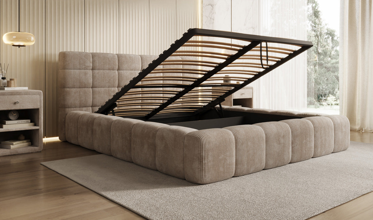 Designer upholstered bed Marshmallow in Corduroy with storage