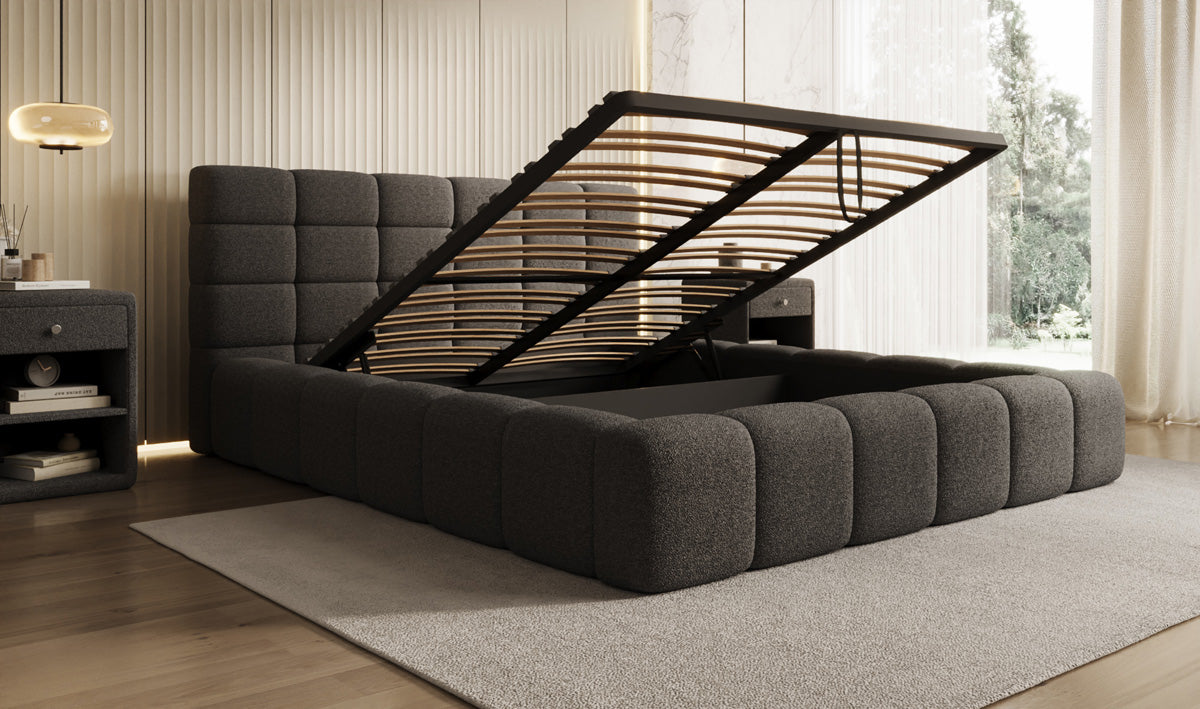 Designer Polsterbett Marshmallow in Teddy Bouclé mit Stauraum