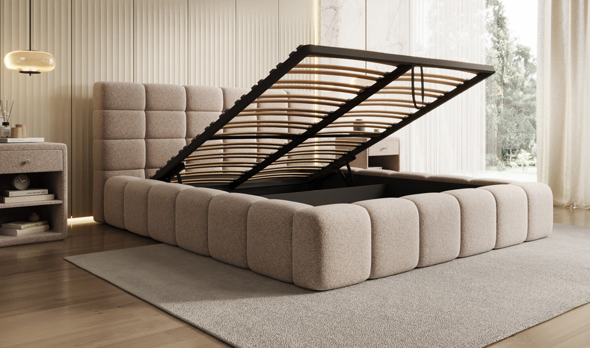 Designer upholstered bed Marshmallow in textured fabric with storage space