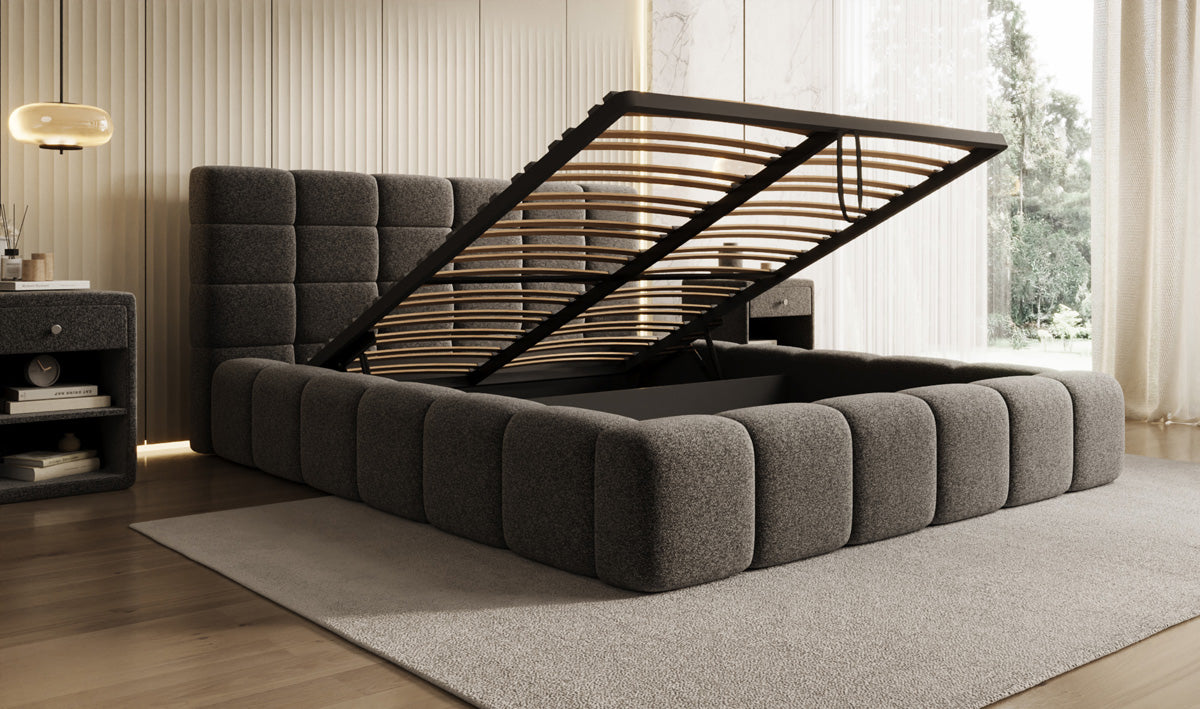 Designer upholstered bed Marshmallow in textured fabric with storage space